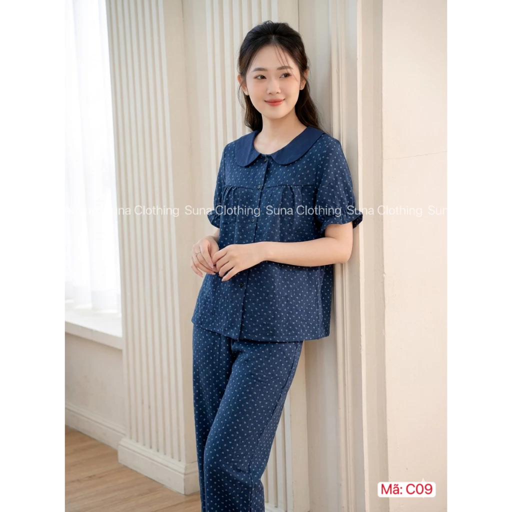 Đồ bộ mặc nhà nữ SUNA – Đũi vân mây xanh vany họa tiết hoa nhí mềm mại thoải mái khi mặc hè