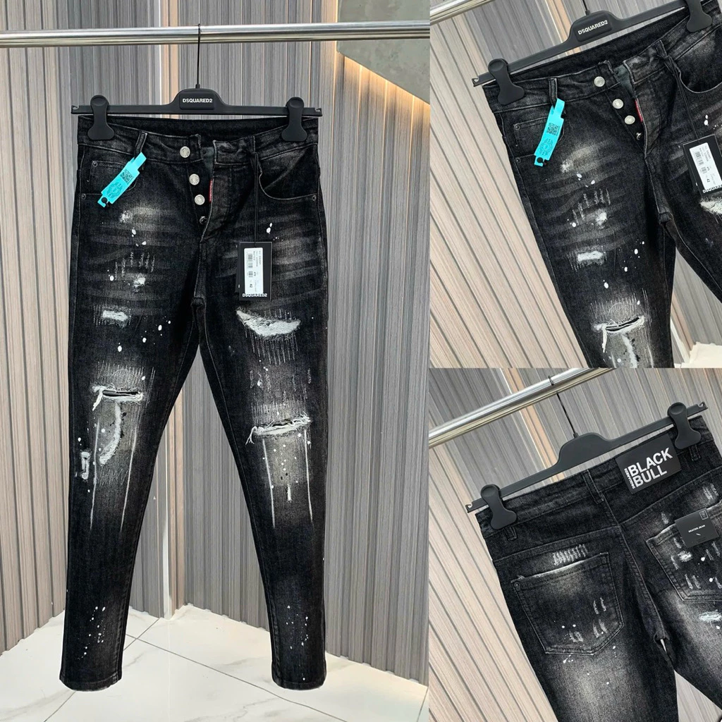 Quần jean bò nam PB slimfit wash đen bạc rách xước trần chỉ vảy sơn loang hai mặt 4 cúc boy phố Phi - boutique