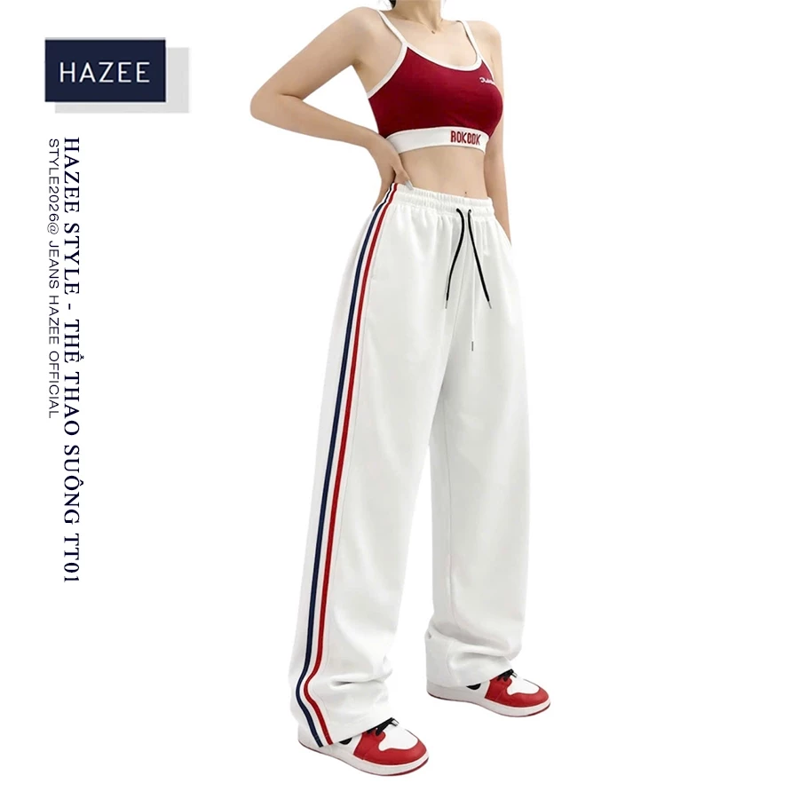 Quần Thể Thao Nữ Ống Rộng HAZEE – Quần Jogger Suông Sọc Hông Lưng Chun Dây Rút Form Ulzzang