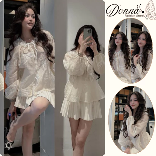 Set đồ nữ, đồ bộ nữ DONNA HCOM25352 áo voan hoa dáng babydoll mix chân váy xoè xếp ly tiểu thư