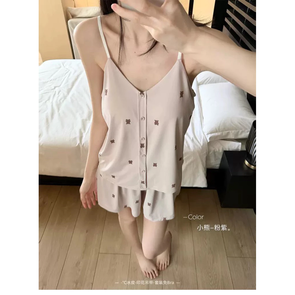 Set đồ ngủ nữ 2 dây lụa lạnh kèm lót ngực, quần short co giãn – chất liệu ice silk mát lạnh, mặc nhà mùa hè