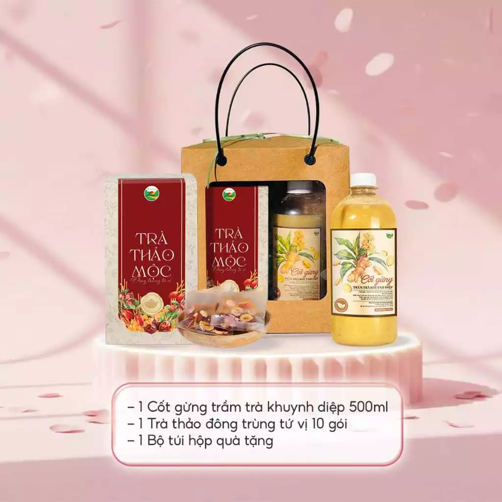 Set quà trung thu tặng sức khỏe gồm cốt gừng ngâm chân và trà đông trùng tứ vị