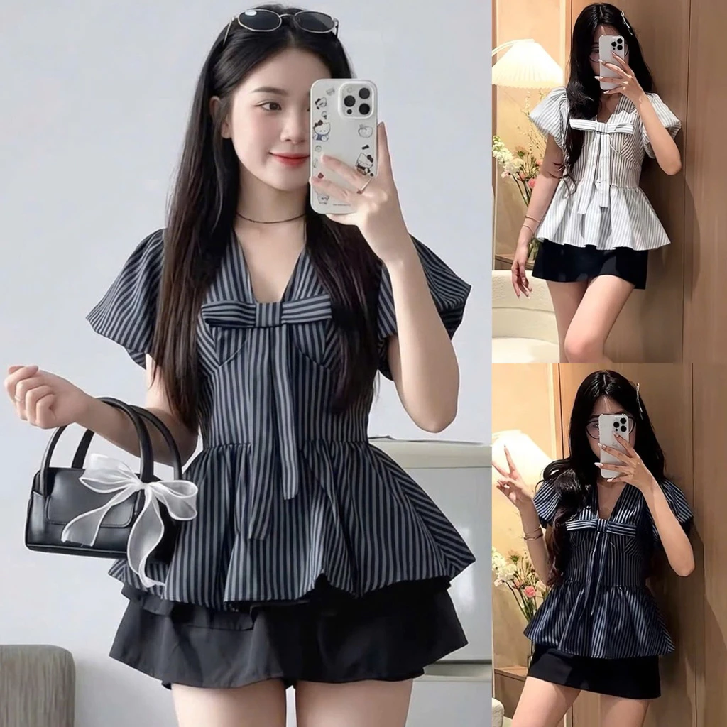 Áo sơ mi kẻ sọc cổ tim tay phồng đính nơ trước ngực có dây cột eo siêu sang SMK98 - Fashion 73