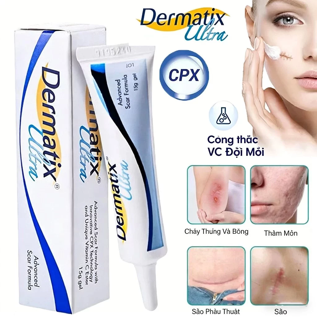 Gel Dermatix Ultra 15g - Dematix Gel Làm Mờ Sẹo Thâm làm phẳng sẹo Lồi Rỗ kem chấm mụn giảm sưng viêm phục