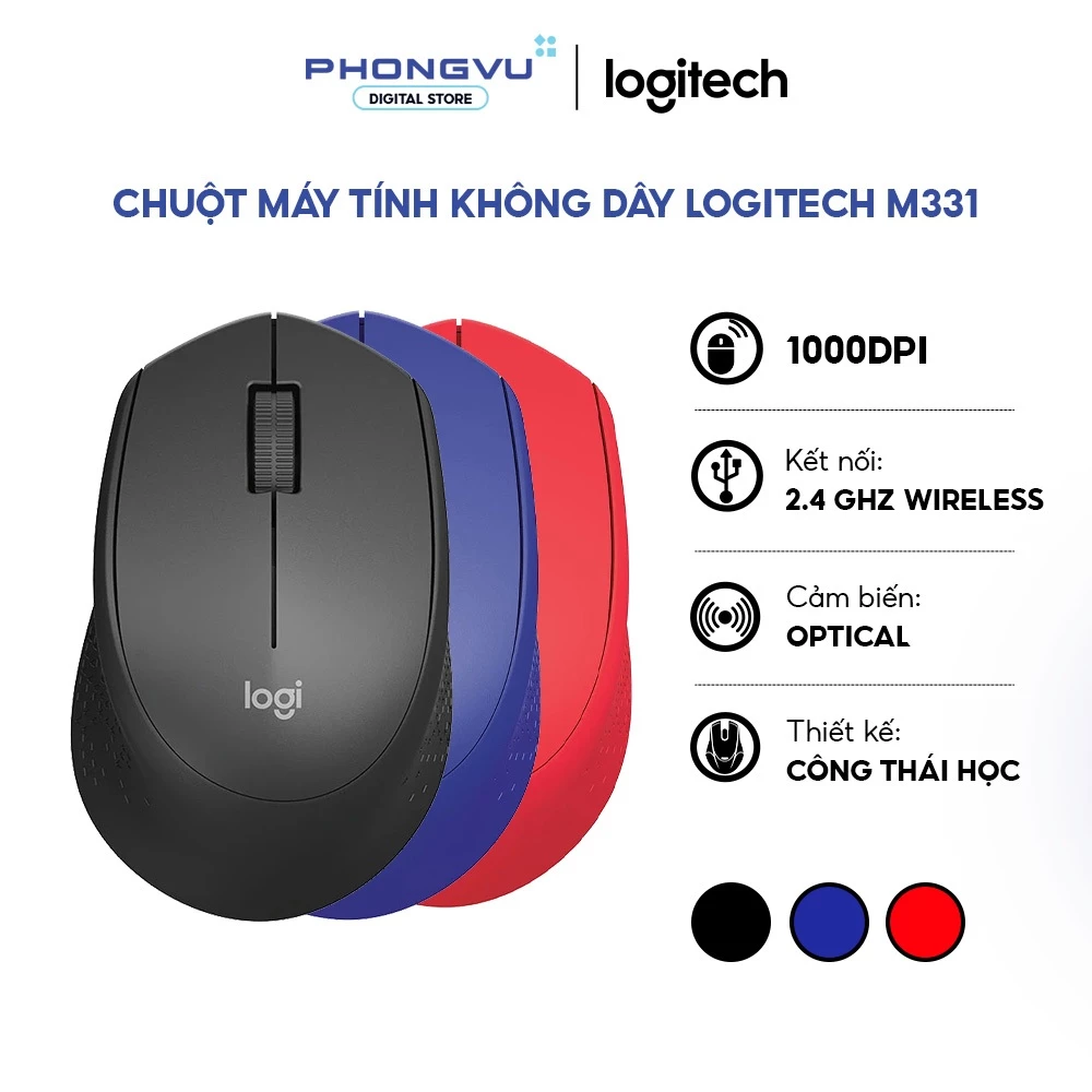 Chuột không dây Logitech M331 - Giảm 90% tiếng ồn - Pin 24 tháng - Bảo hành 12 tháng
