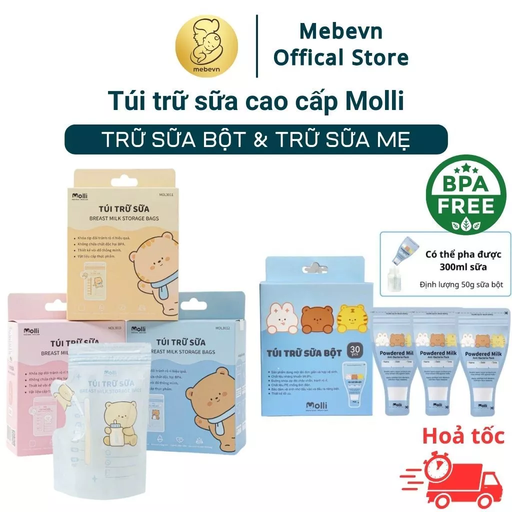 Túi trữ sữa cao cấp Molli, túi trữ sữa bột, túi trữ sữa 250ml, túi trữ sữa 150ml, túi trữ sữa 100ml