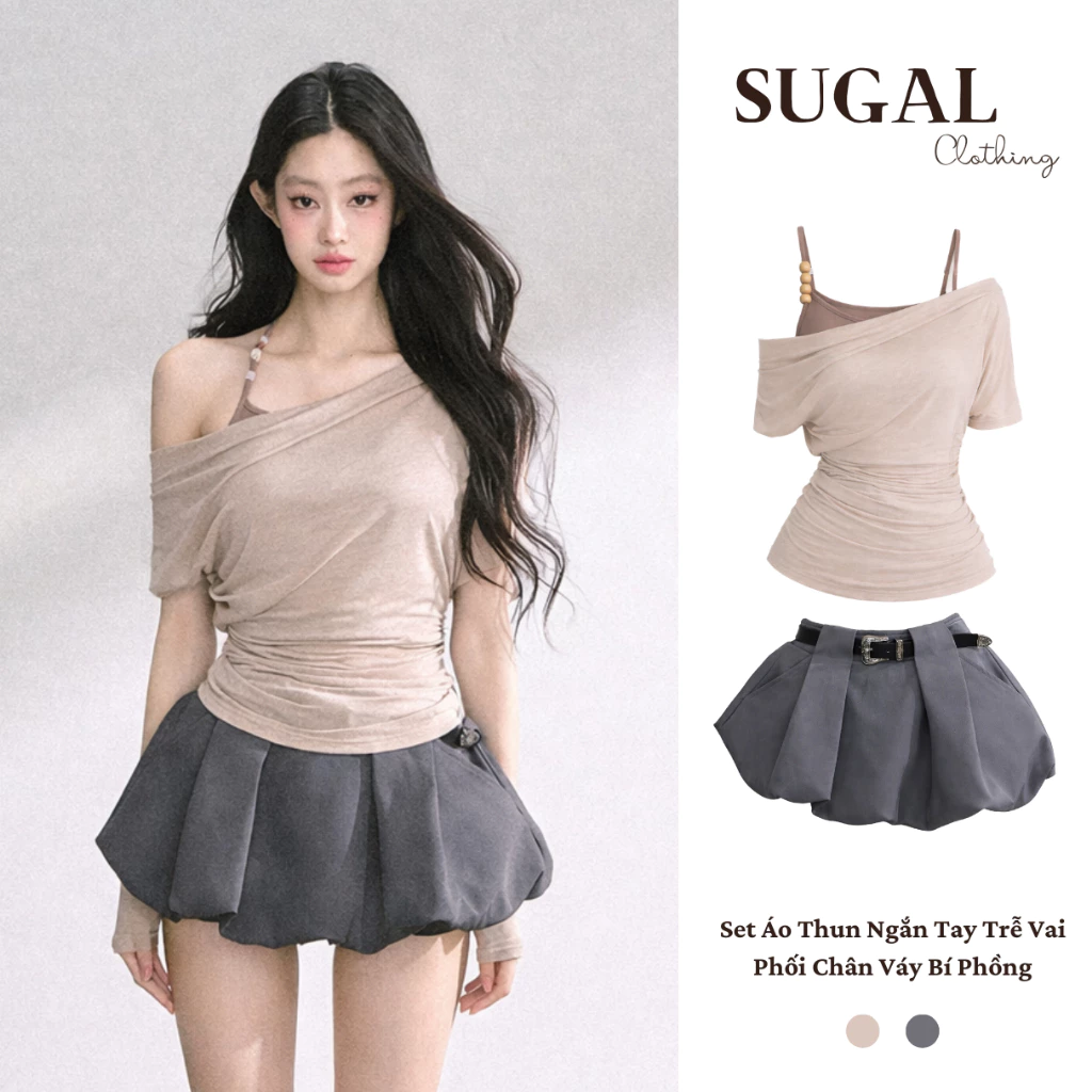 (Màu Mới) SUGAL - Set Áo Ngắn Tay Trễ Vai KÈM ÁO HAI DÂY Phối Cùng Chân Váy Bí |TOP 284V2 (Ngắn Tay) + CV 096V2