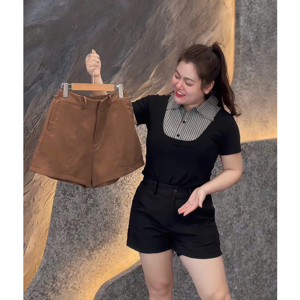 195   BIGSIZE Quần short vải nữ cạp cao , quần short dáng chữ a chun sau tạo kiểu