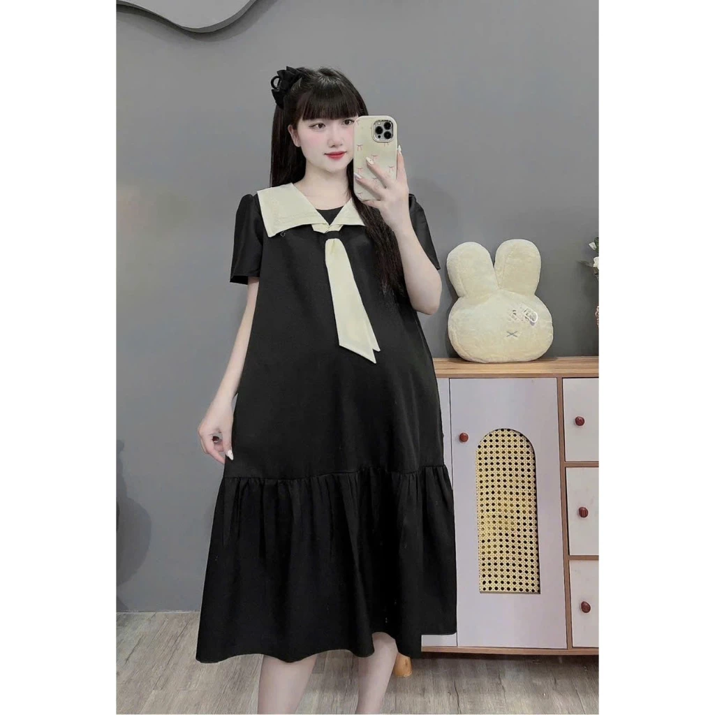 (Đủ size đến 100kg) Váy bầu Bigsize dáng công sở phối cổ xinh