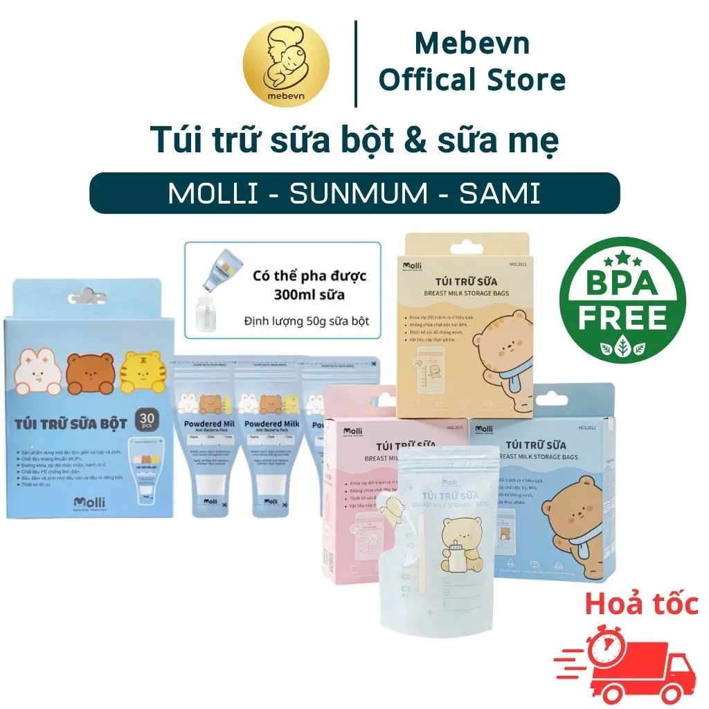 Túi trữ sữa Molli, Sunmum, túi đựng sữa bột, túi đựng sữa cho bé, túi trữ sữa 250ml - 150ml - 100ml
