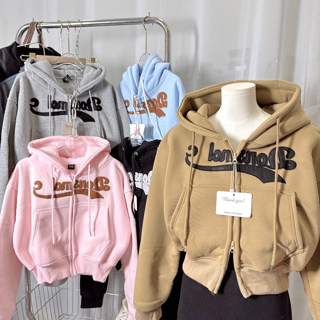Áo Khoác Nữ Chữ Thêu Croptop Áo Khoác Nữ Lửng Chất Vải Nỉ Dày Đẹp Logo Thêu Sắc Nét