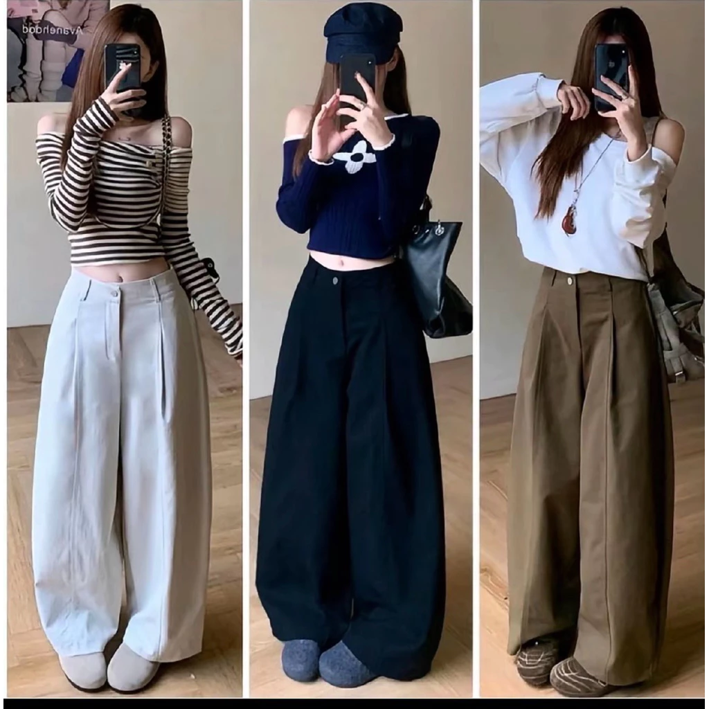 Quần Suông Ống Rộng Vải Kaki Mềm Cạp Cao có hai phiên bản chiều dài 93cm và 100vm