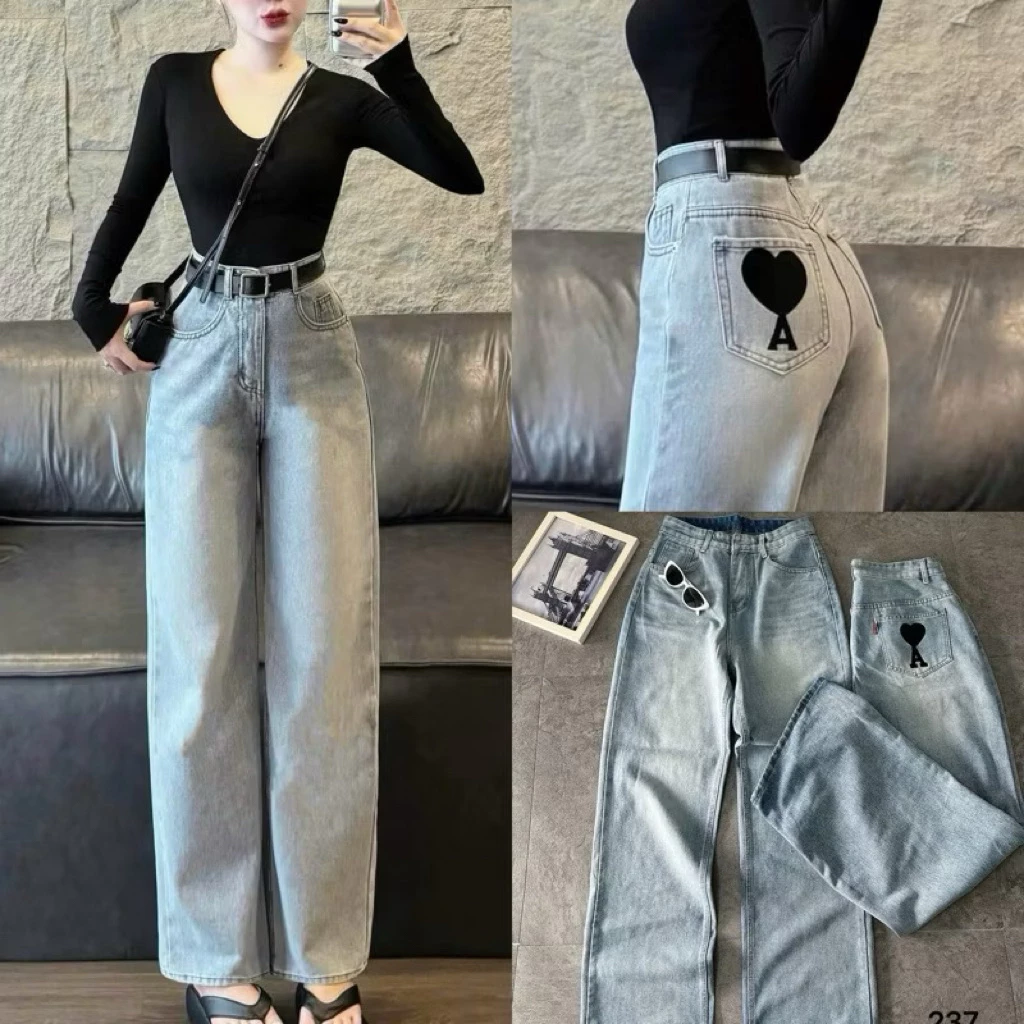 Quần jean nữ ống suông thêu tim túi sau lưng cao ôm eo tôn dáng