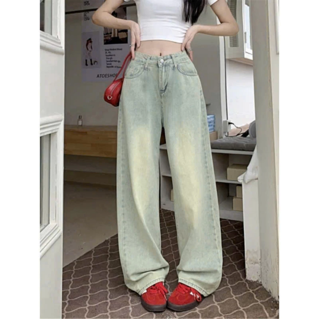 Quần jeans nữ ống suông màu xanh bạc hà cạp cao tôn dáng quần bò nữ ống rộng chất vải mềm phối đồ siêu xinh