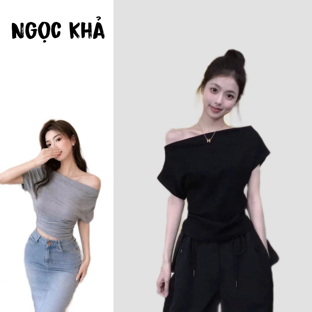 Áo croptop trễ vai cánh dơi nữ Ngọc Khả, áo crt ngắn tay gợi cảm thun cotton cao cấp