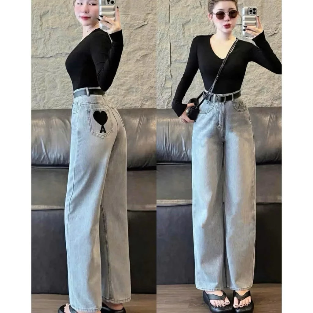 Quần bò dáng suông thêu tim túi sau cạp cao chất jeans loại 1 phong cách Hàn Quốc