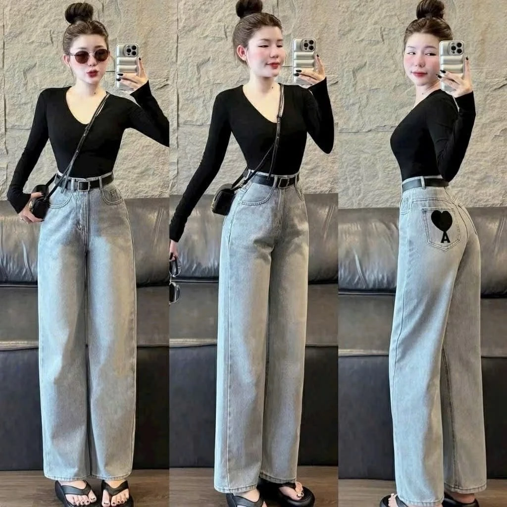 Quần bò ống suông thêu tim túi sau lưng cao chất bò mềm không giãn phong cách hiện đại