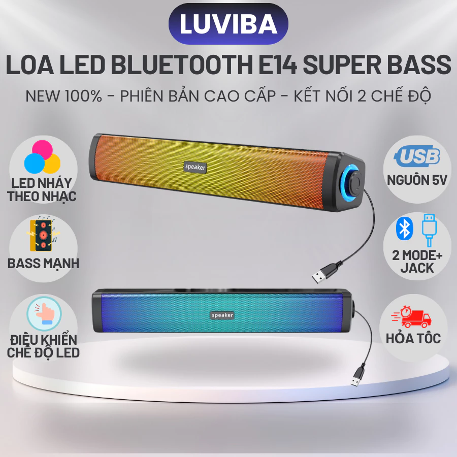 Loa bluetooth vi tính máy tính LED để bàn bass mạnh, loa pc laptop gaming mini cao cấp LUVIBA E14