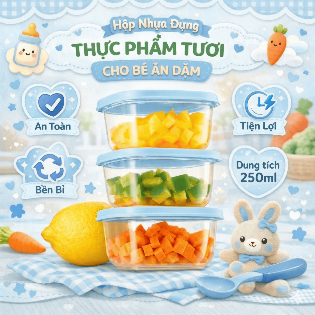 Bộ 3 hộp thực phẩm vuông mini 250ml Inochi - nhỏ gọn tiện lợi,đựng đồ ăn dặm…