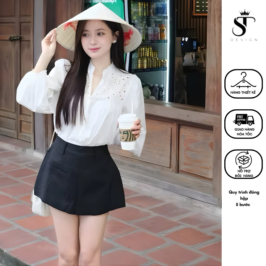 Áo sơ mi Thô Hàn phối ren cổ cách điệu sang chảnh tiểu thư - ST Design - 63