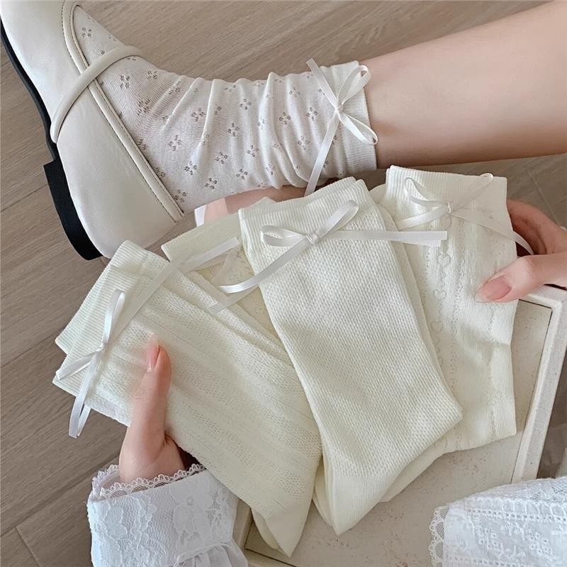 Set Tất vớ đính nơ chất liệu cotton ren mỏng thoáng khí phong cách Lolita dành cho nữ A1104