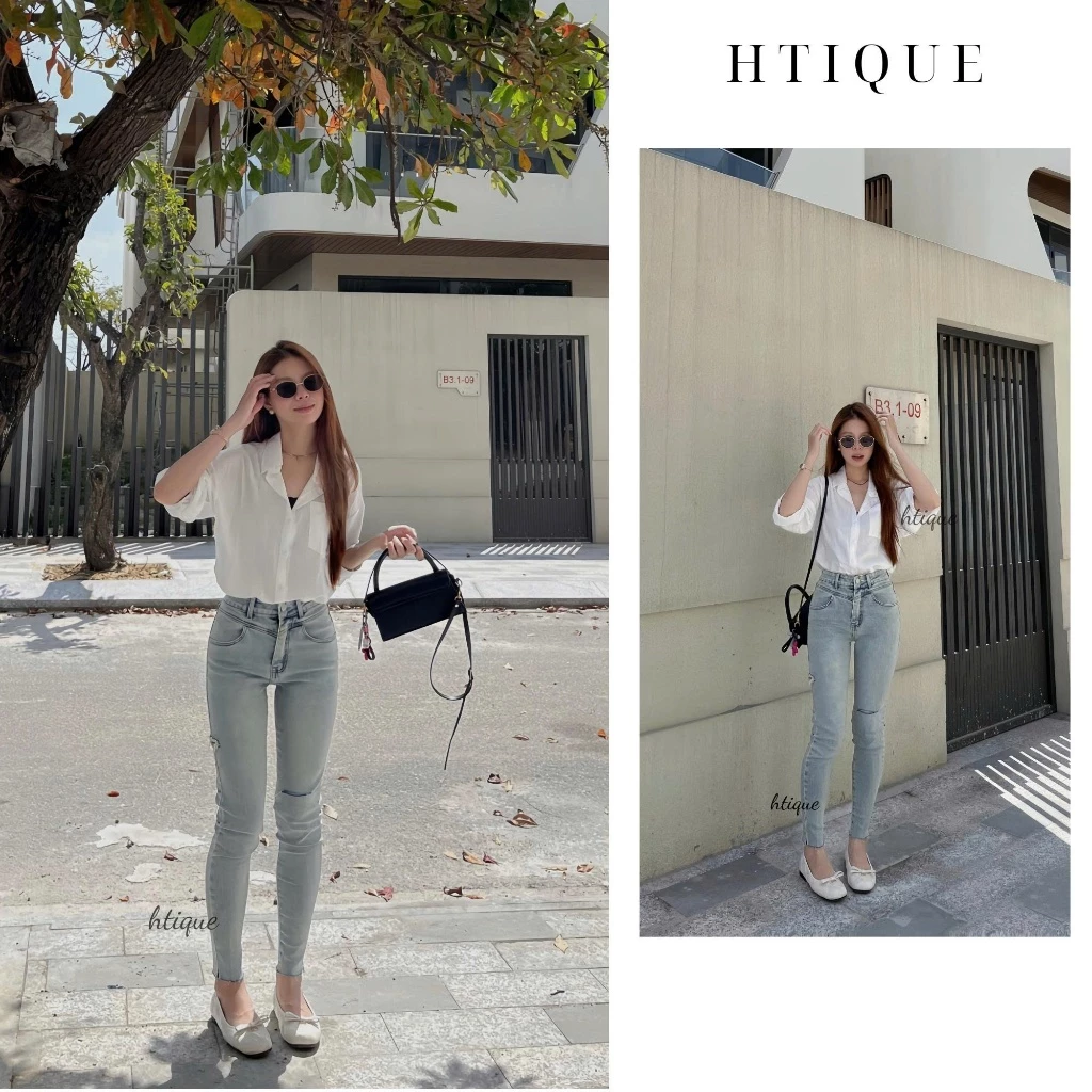 HTIQUE - Mở bán Quần Jeans Skinny Nữ Lưng Cao, Quần Jeans Form Ôm Co Giãn Màu Xanh Nhạt – Cloud Fit Denim QB08