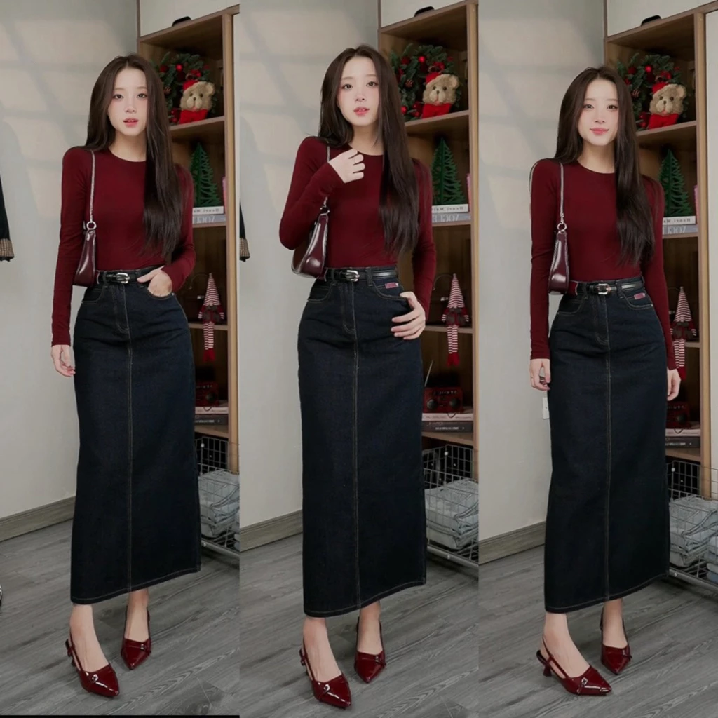 [NEW] Chân váy jean suông dài 85/ 90cm mác đỏ nâu [VẢI ĐẸP] có xẻ sau tôn dáng WJeans073