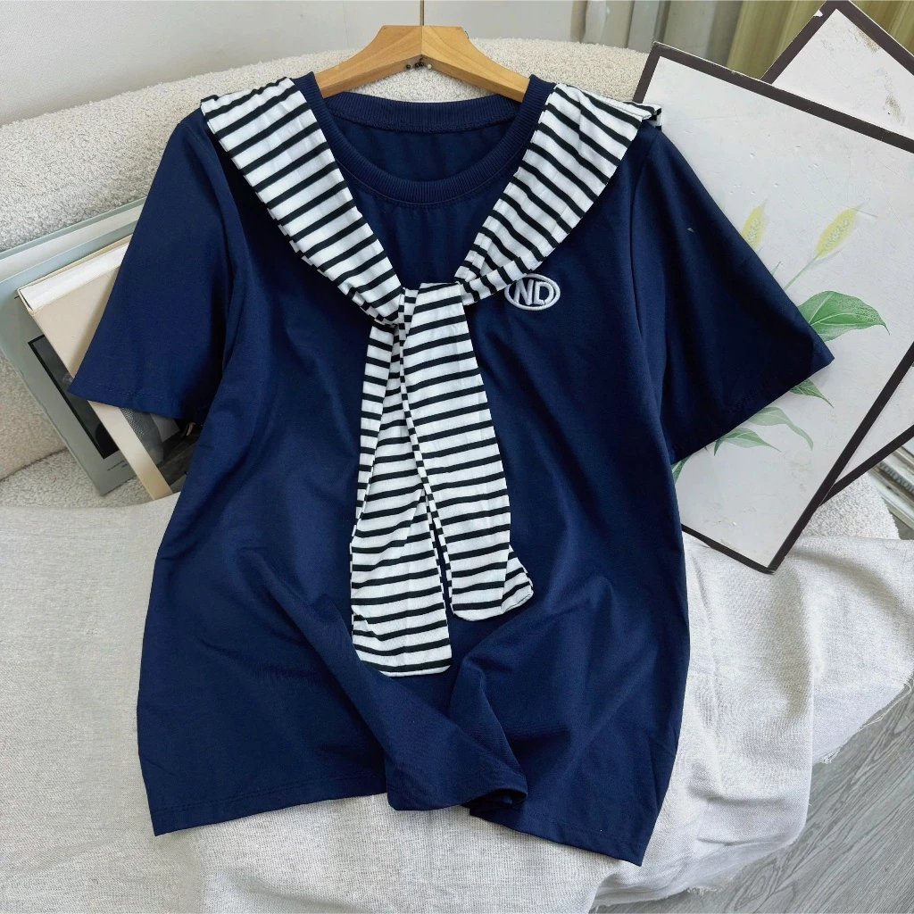Áo Phông Bigsize Nữ Form Rộng Thiêu Chữ Kèm Khăn Quàng Vai Xinh Kẻ Sọc Vải Co Giãn - A326+A195
