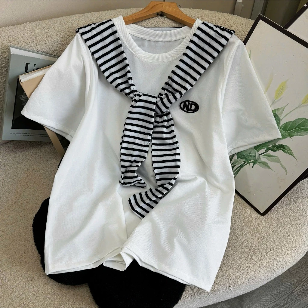 Áo thun bigsize nữ form rộng cổ tròn phối khăn thủy thủ hotrend, mềm mịn dễ phối đồ -A326+A195
