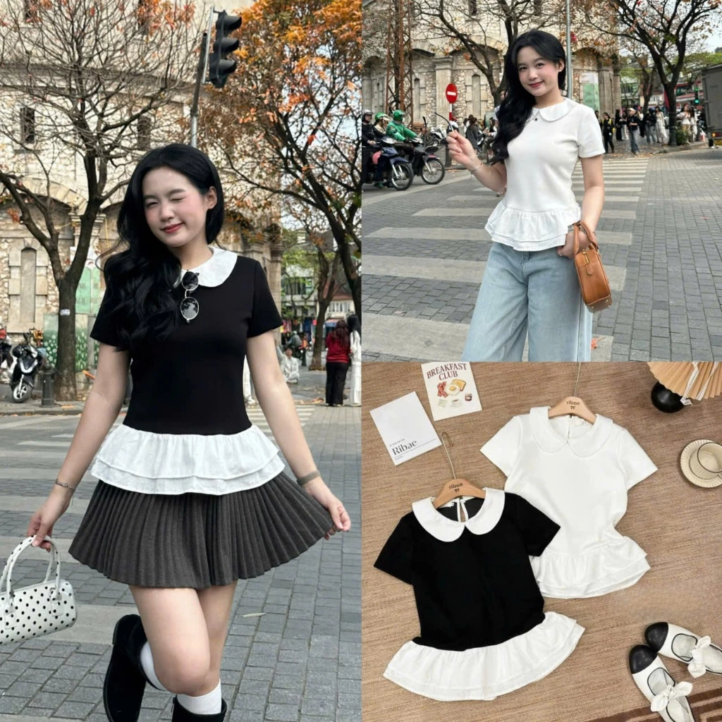 Áo Thun Cộc Tay 247Store Cổ Sen Viền Bèo Mini Top Form Basic Phong Cách Hàn Quốc Mã Aothun1641
