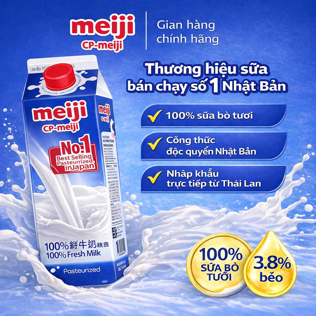 Sữa Tươi Thanh Trùng Meiji nguyên chất, từ sữa bò tươi, chứa 3.8% chất béo, 946ml
