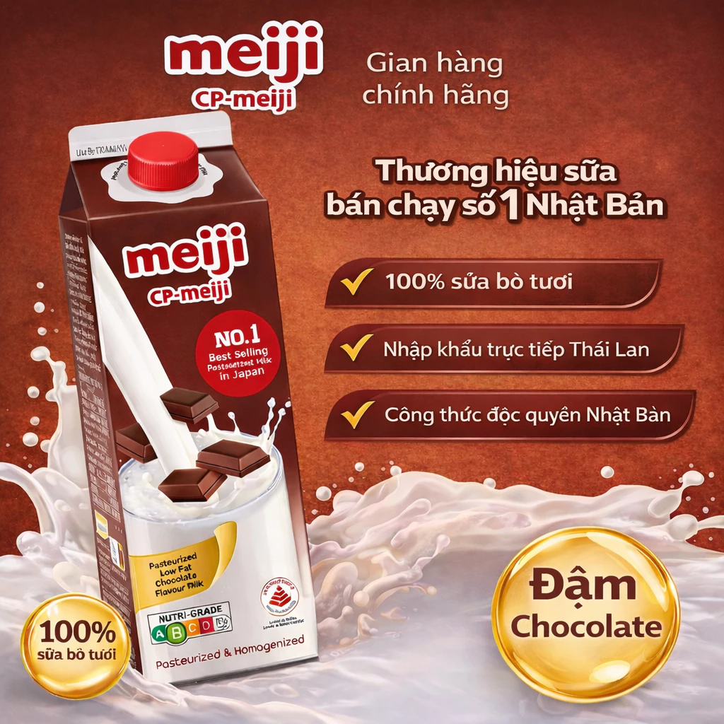 Sữa Tươi Thanh Trùng Meiji Chocolate, ít béo, bổ sung Canxi, Vitamin B2 - 946ml