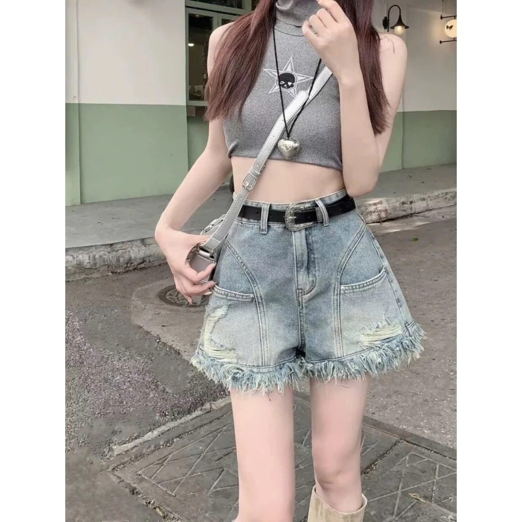 Quần short jeans nữ cạp cao rách tua rua, quần short denim dáng chữ A phong cách Hàn Quốc ED06
