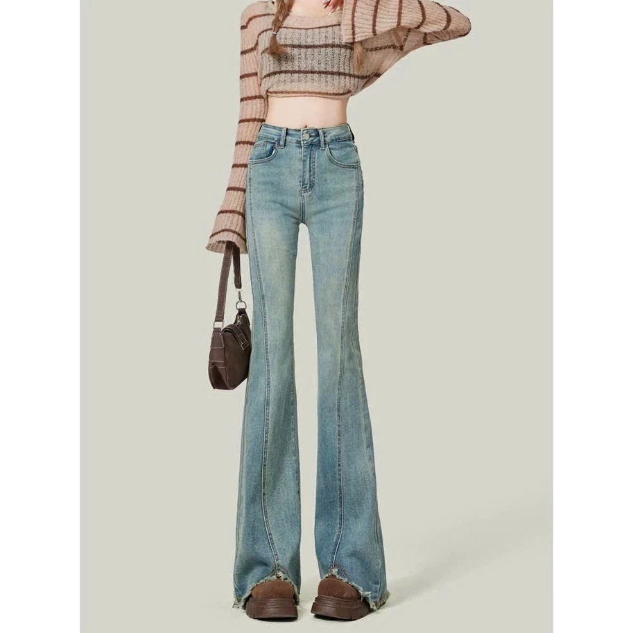 Quần jeans nữ ống loe cạp cao xẻ gấu tua rua, quần jeans dài tôn dáng phong cách retro Hàn Quốc ED10