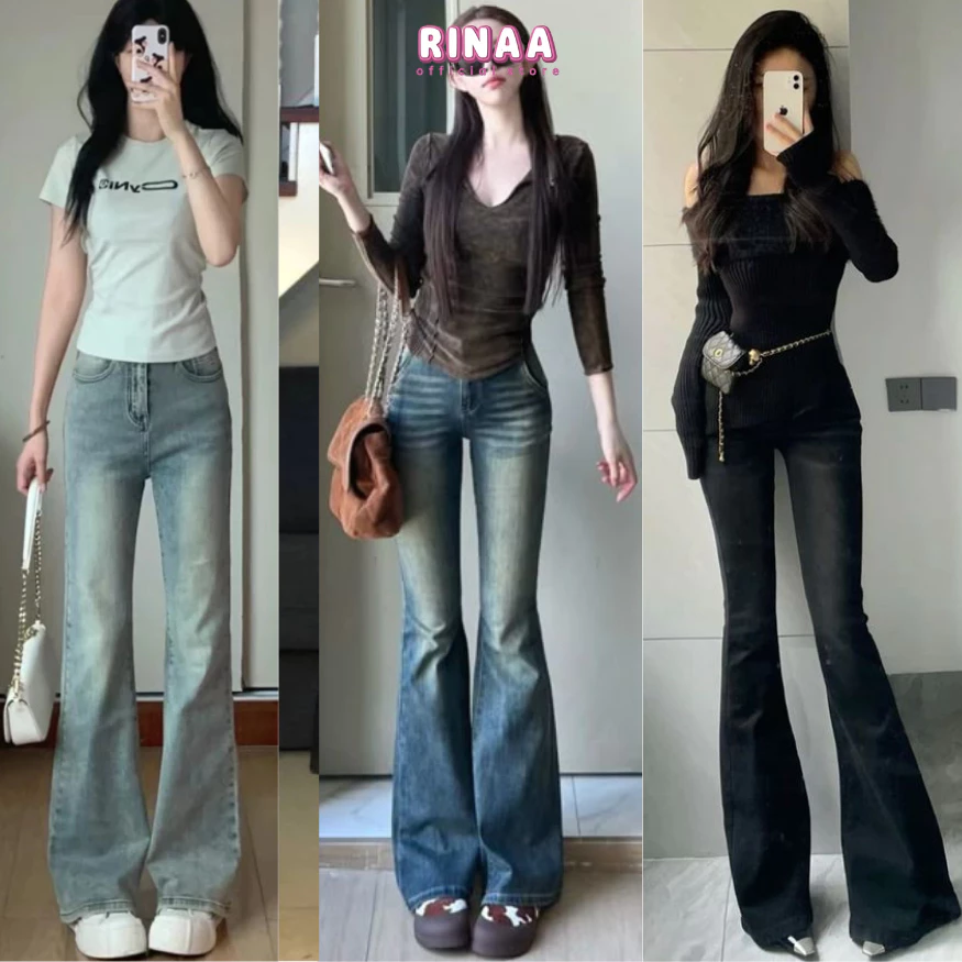 Quần Ống Loe Nữ Cạp Cao Màu Đen RINAA, Quần Jeans Ống Loe Co Giãn Ôm Eo Gọn Chân Cực Tôn Dáng