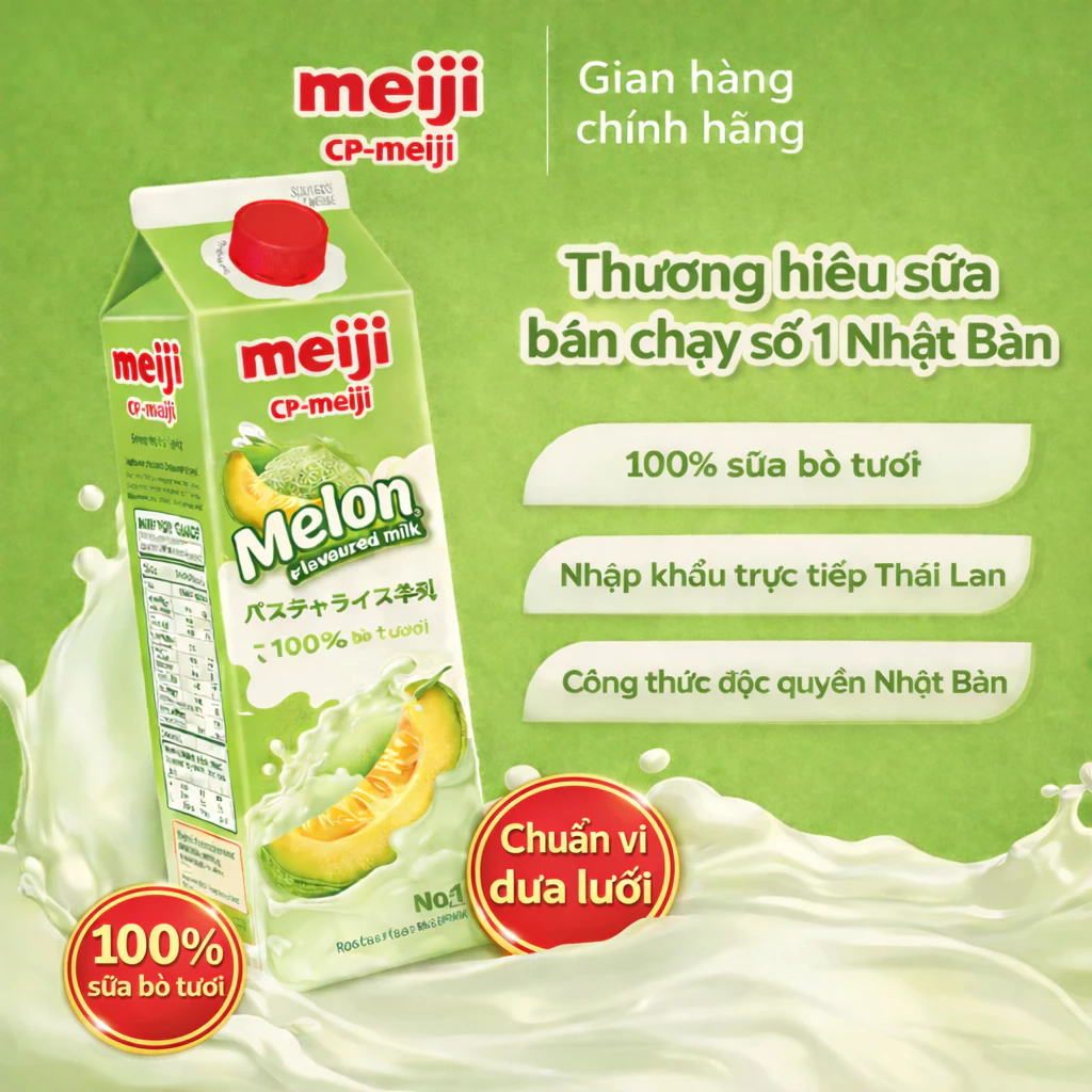 Sữa tươi thanh trùng Meiji vị dưa lưới, làm từ sữa bò nguyên chất ,bổ sung canxi, vitamins 946ml - 1 Hộp