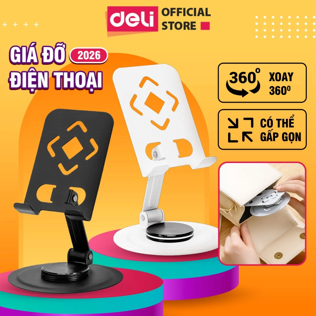 Giá Đỡ Điện Thoại Máy Tính Bảng Xoay 360 Deli Chất Liệu Kim Loại Siêu Mỏng Đế Chống Trượt