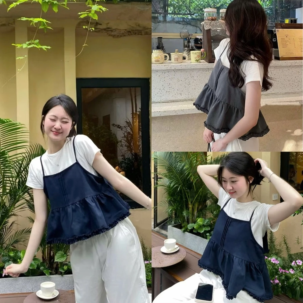 Áo kiểu babydoll nữ nhún bèo gồm áo 2 dây và áo thun