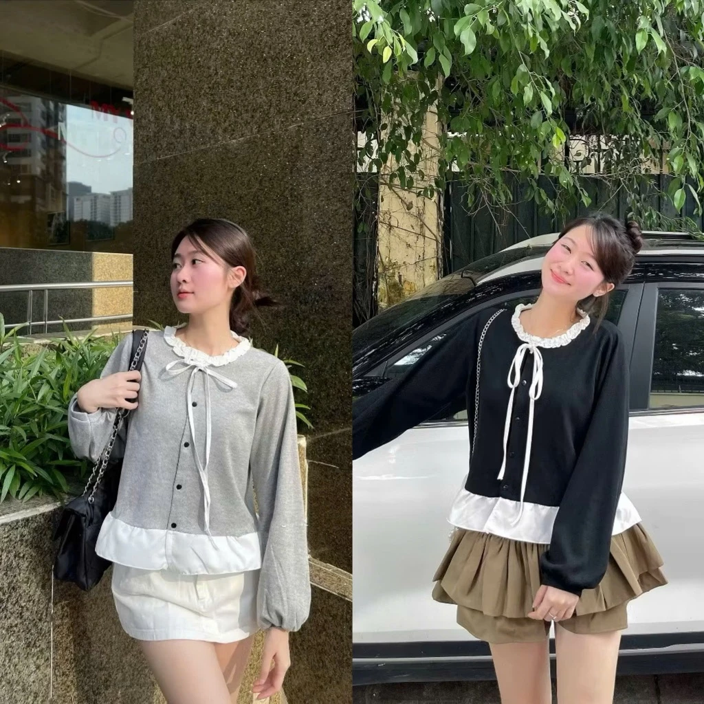 Áo kiểu tay dài cổ viền bèo trắng phối nơ tiểu thư ,áo sơ mi kiểu cúc dọc dáng rộng vintage nhẹ nhàng phong cách Hàn