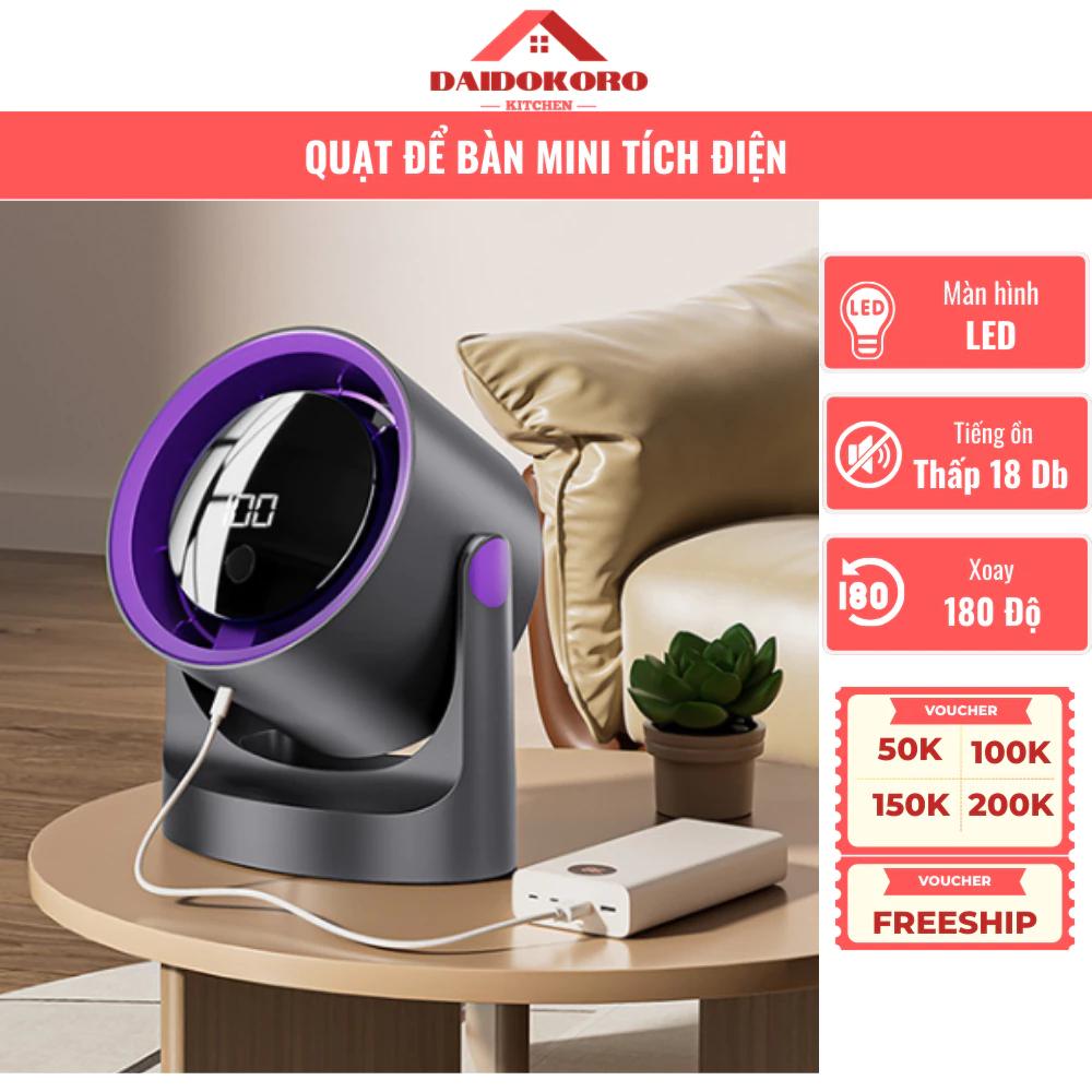 Quạt Để Bàn Cao Cấp Mini Tích Điện, Treo Tường Màn Hình LED, Sạc USB, Không Ồn, Pin 4000 mAh