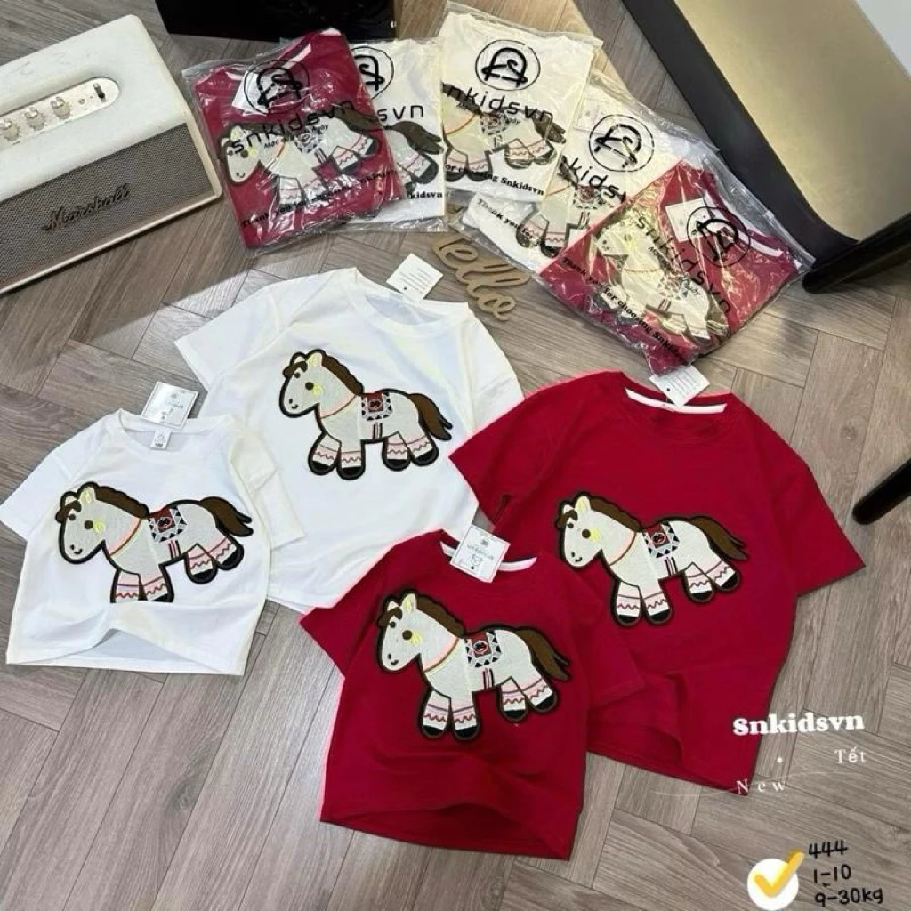 set áo thun  cặp cho cả gia đình , áo thun hình in chú ngựa 2026, chất vải cotton co giãn thoáng mát 10-75kg