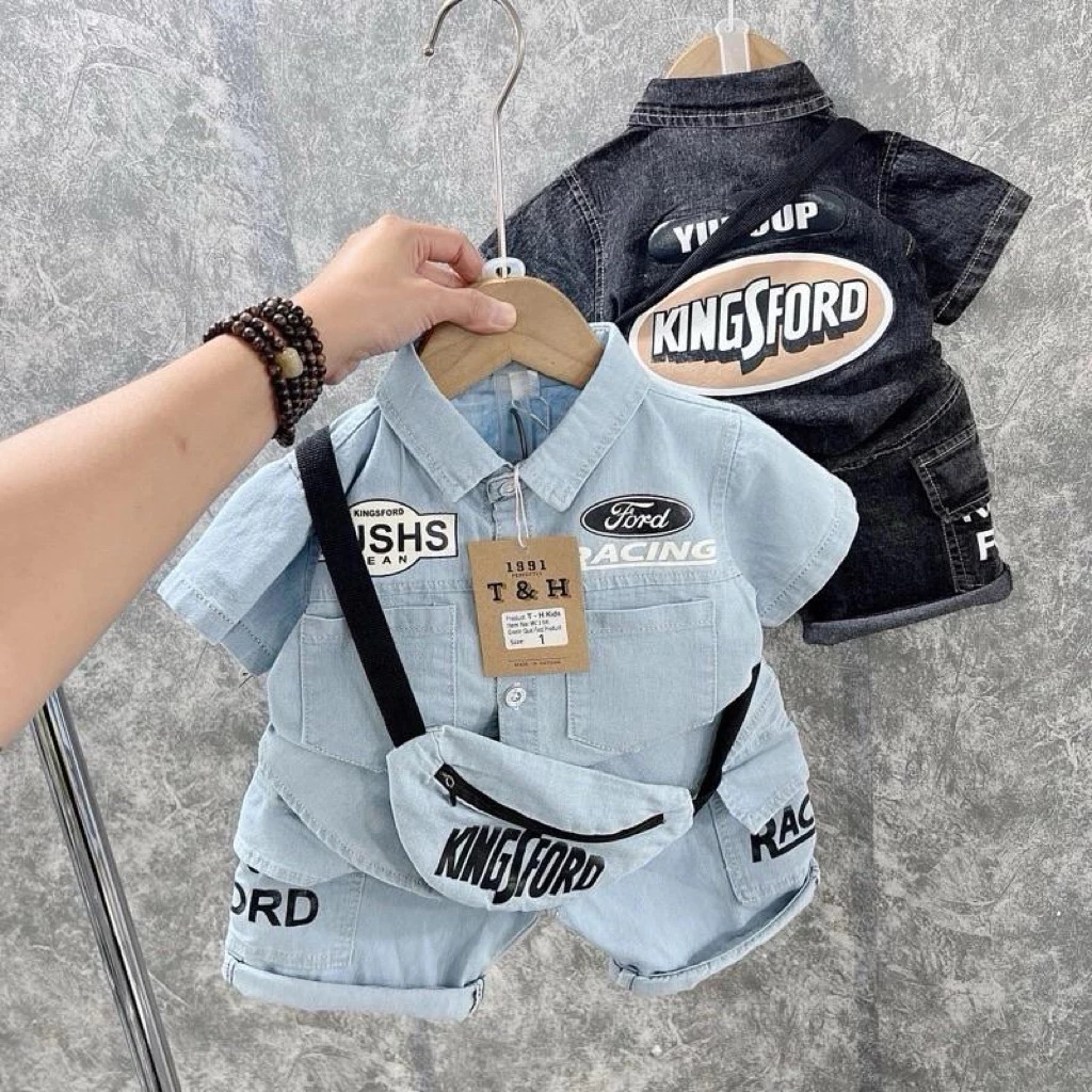 bộ jean kèm túi cho bé trai từ 8-20kg chất jean mềm mát bososinh