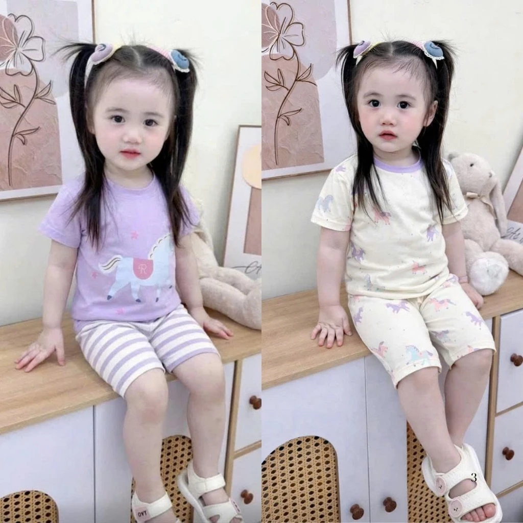 [7-18kg] Bộ cộc tay mùa hè cho bé gái đáng yêu chất liệu cotton mềm mại, thoáng mát mẫu CON NGỰA TÍM CỘC TAY