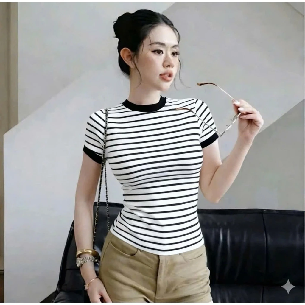 Áo croptop ngắn tay cổ tròn nữ,áo phông babytee ôm người kẻ sọc ngang nhiều màu cực tôn dáng hottrend