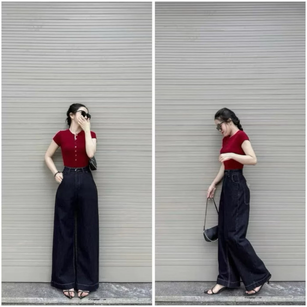Quần jeans nữ màu xanh đậm phối nắp túi mac da siêu đẹpp sẵn ship