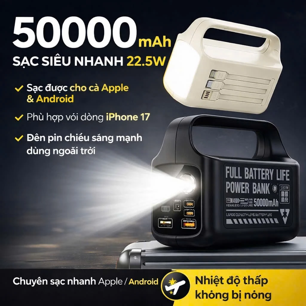 Sạc dự phòng dung lượng 50000mah hỗ trợ sạc nhanh 22,5W có đèn chiếu sáng 2 chiều
