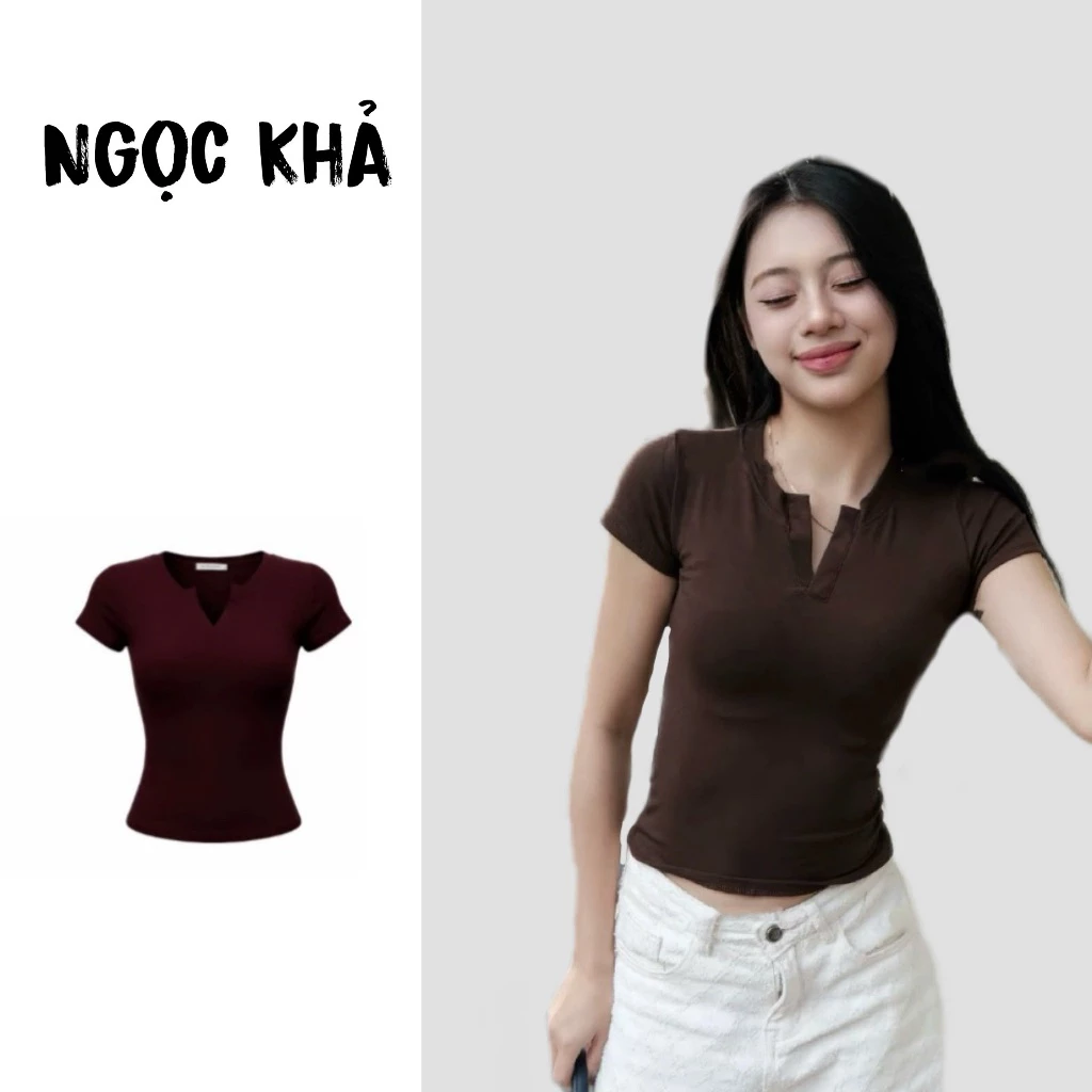 Áo thun cổ trụ tàu ôm body tôn eo hack dáng Strendy, áo zip nữ thiết kế cổ V cotton mịn