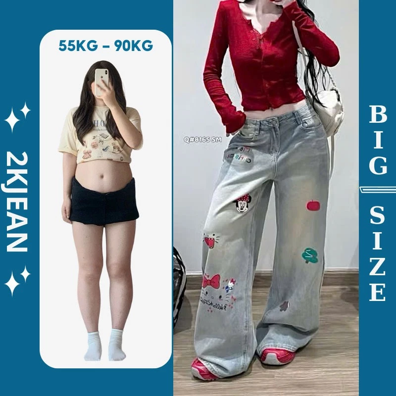 Quần suông ống rộng jean nữ thêu hình Bigsize 55-90kg, kiểu form ống rộng thêu hàng QC 2KJeans QC254