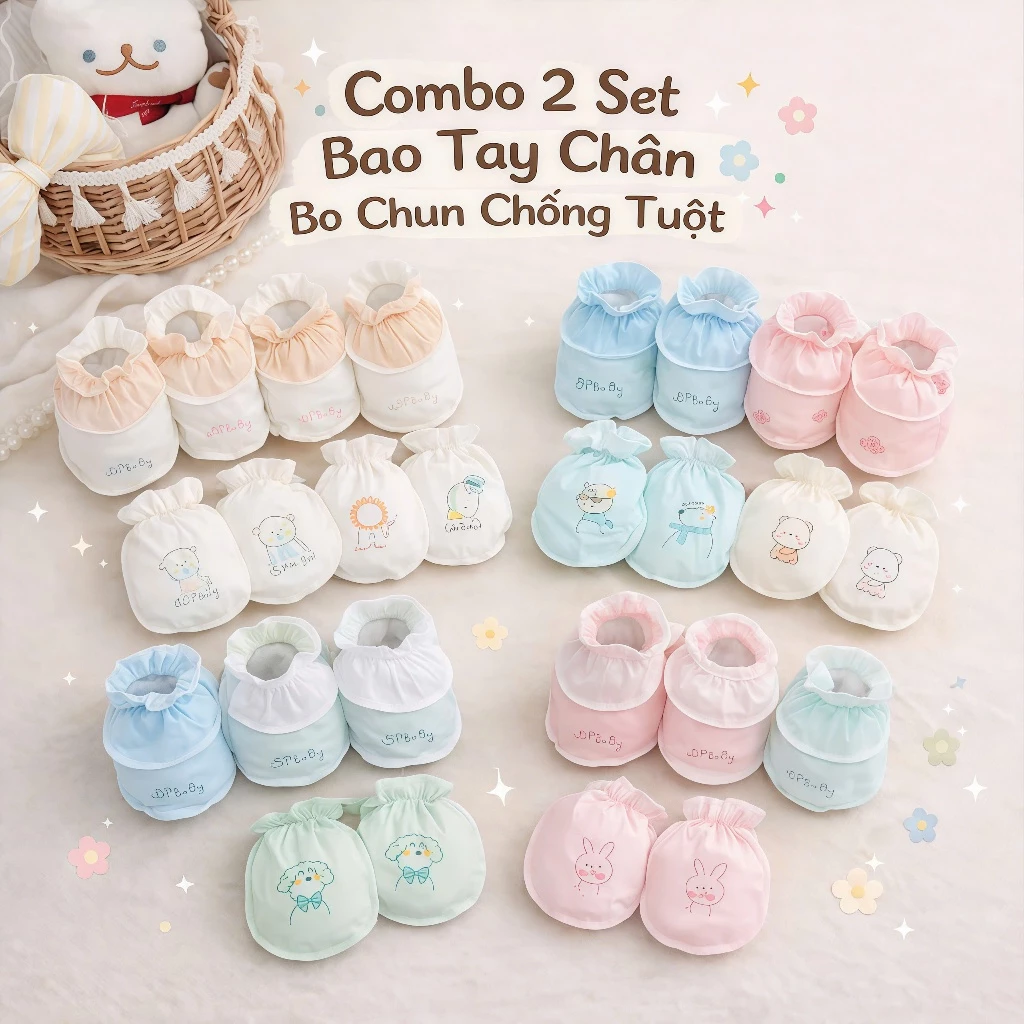 Combo 2 Set Bao Tay Bao Chân Bo Chun Chống Tuột Mềm Mát, Thoải Mái Cho Bé Sơ Sinh ĐP BaBy x Babico