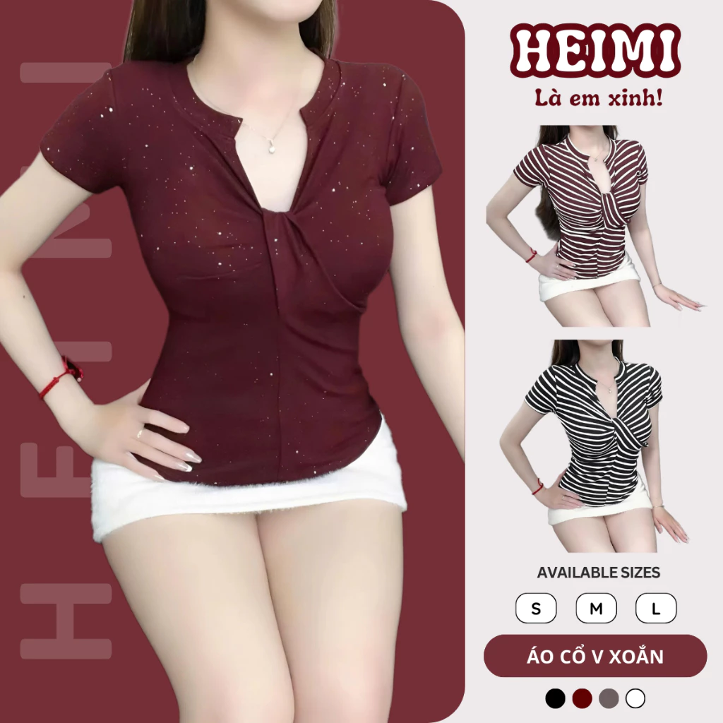 Áo Thun Nữ Cổ V Xoắn Họa Tiết Sọc Kẻ Và Kim Tuyến Chất Thun Cotton Mịn Co Giãn HEIMI